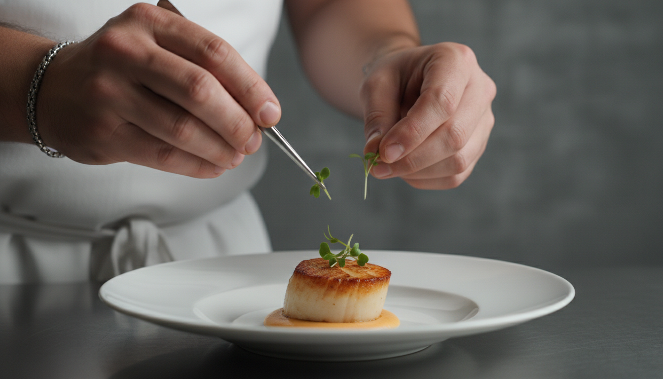 Fine dining chef carefully plating a gourmet dish with precision garnish