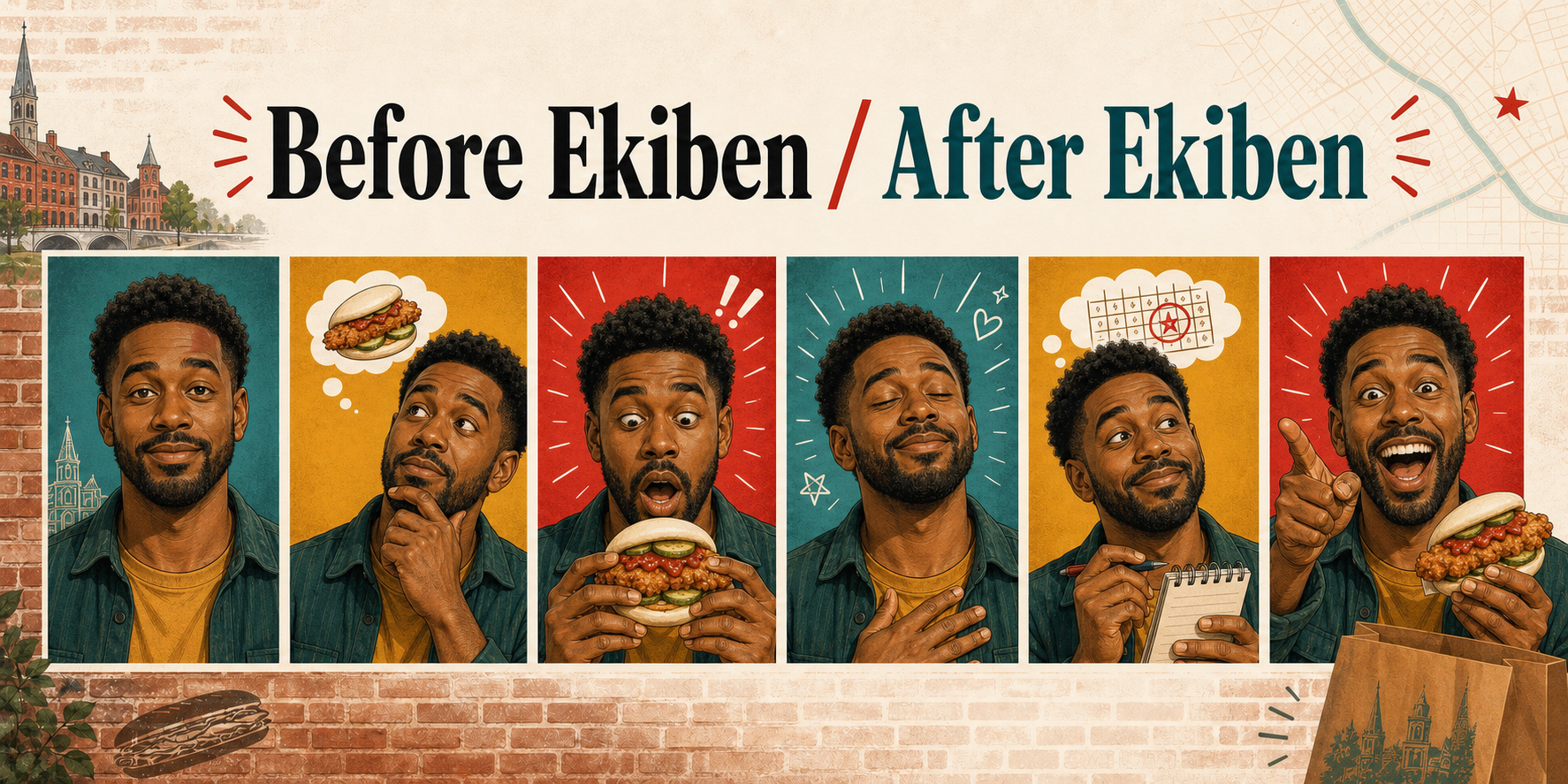 Illustrated Before Ekiben and After Ekiben face chart for a Frederick restaurant review