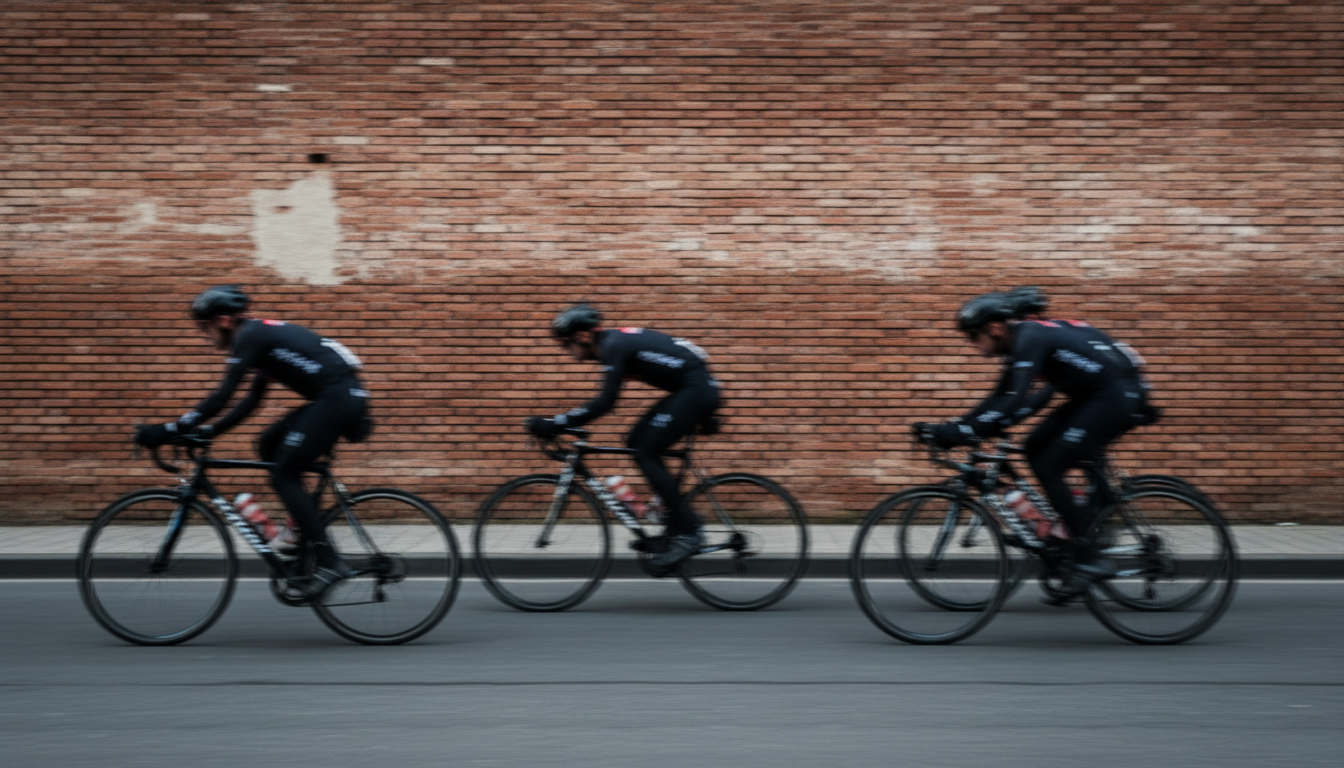 Cyclists in motion blur riding past a historic stone wall in Frederick