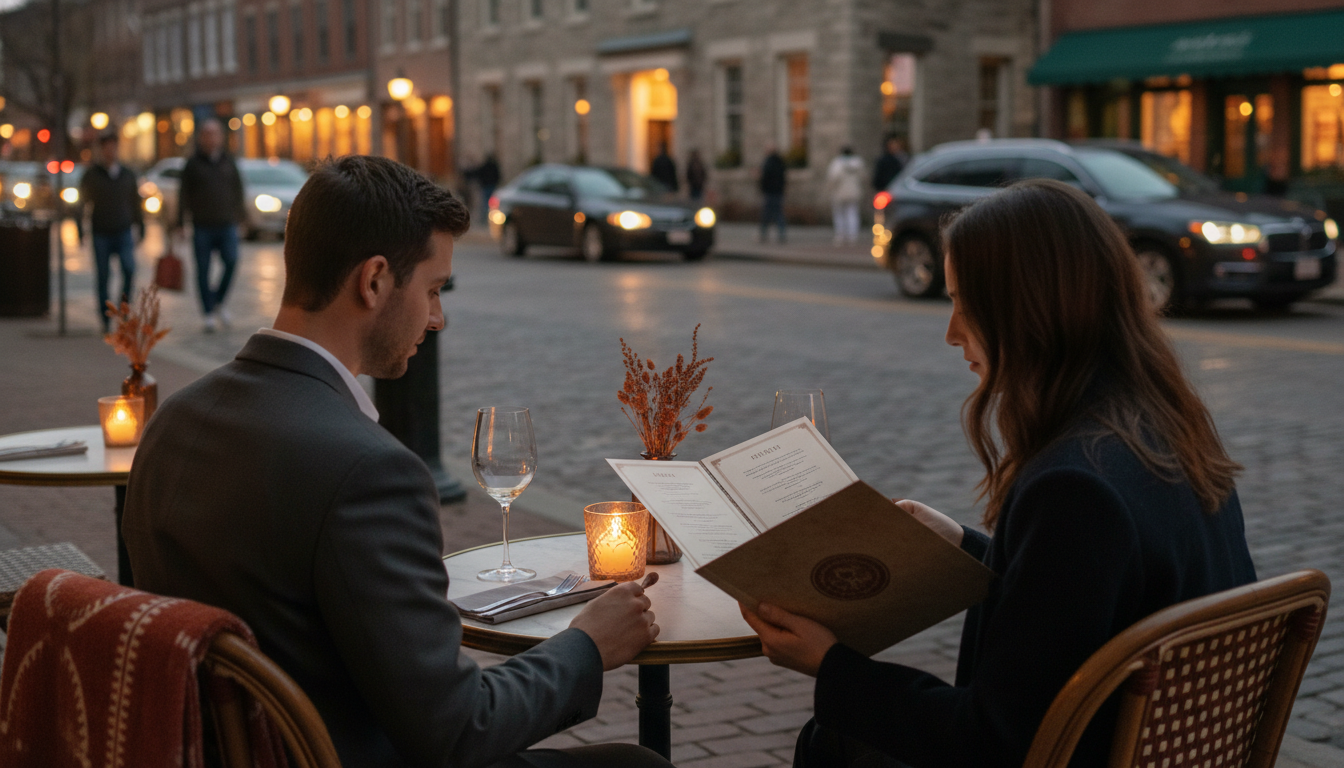 Outdoor dining patio at Frederick restaurant with evening ambiance